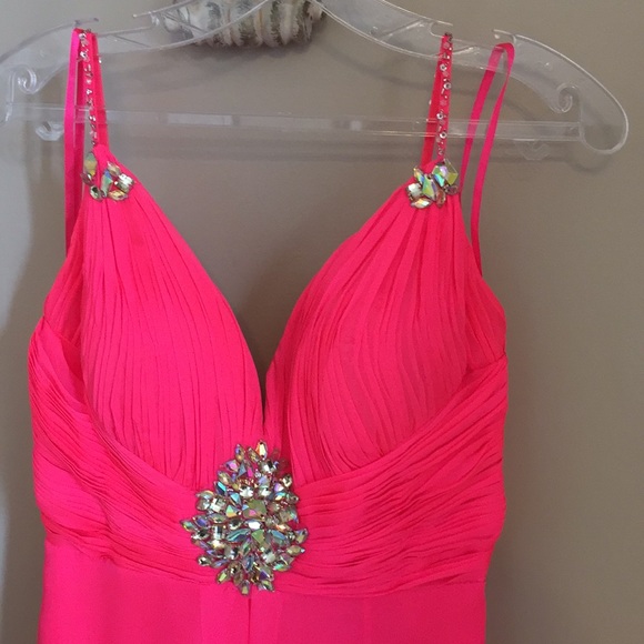 Neon coral pink gown rhinestone detail - Picture 2 of 6
